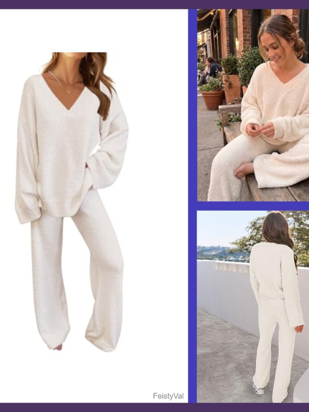 Fleece 2 Piece Pajama Lounge Set Long Sleeve V-Neck Drawstring